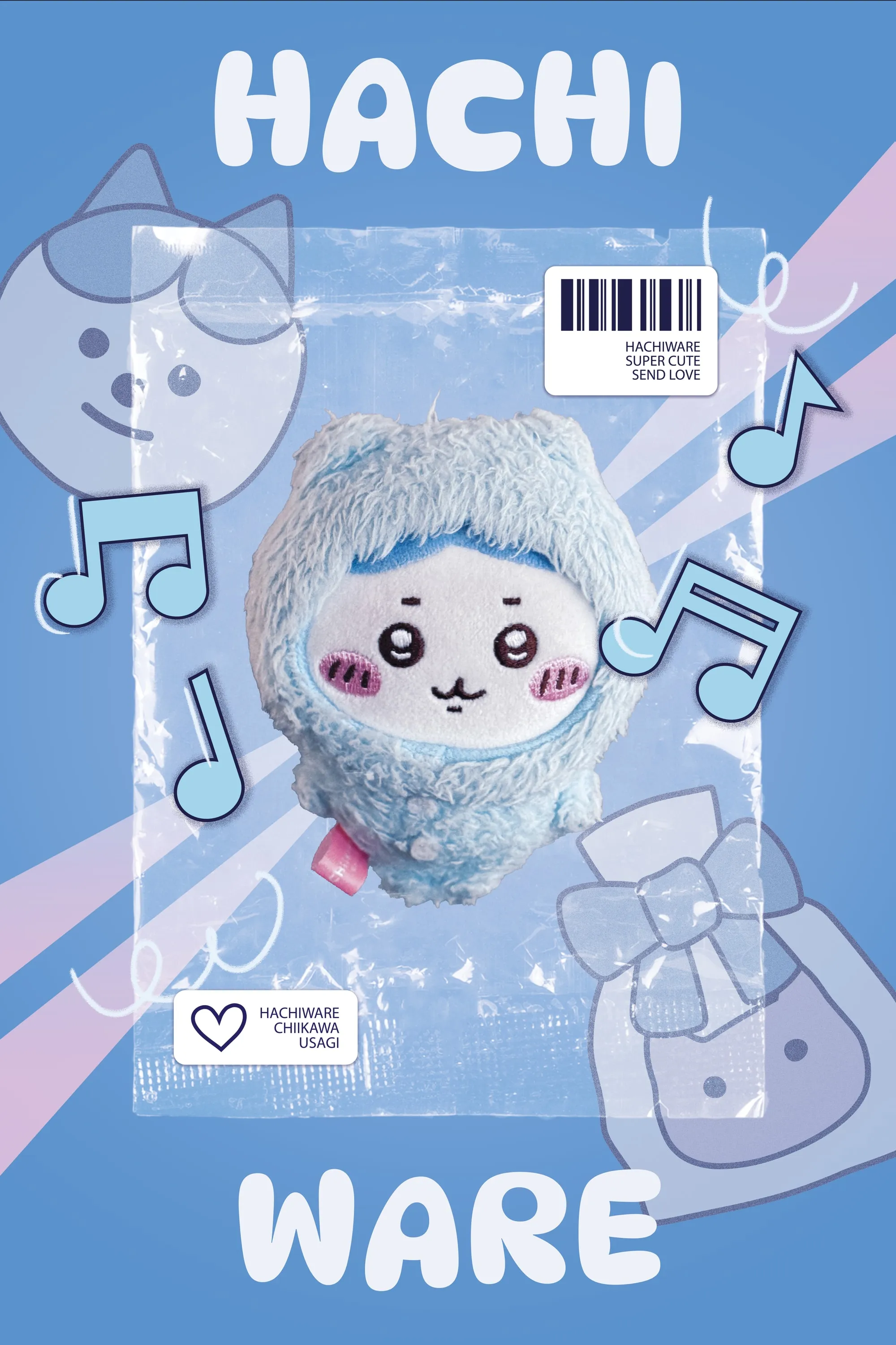 Poster titled "Hachi Ware" showing a Hachiware plush keychain sealed in a clear retail bag, surrounded by music notes and outline drawings of the character on a blue background.