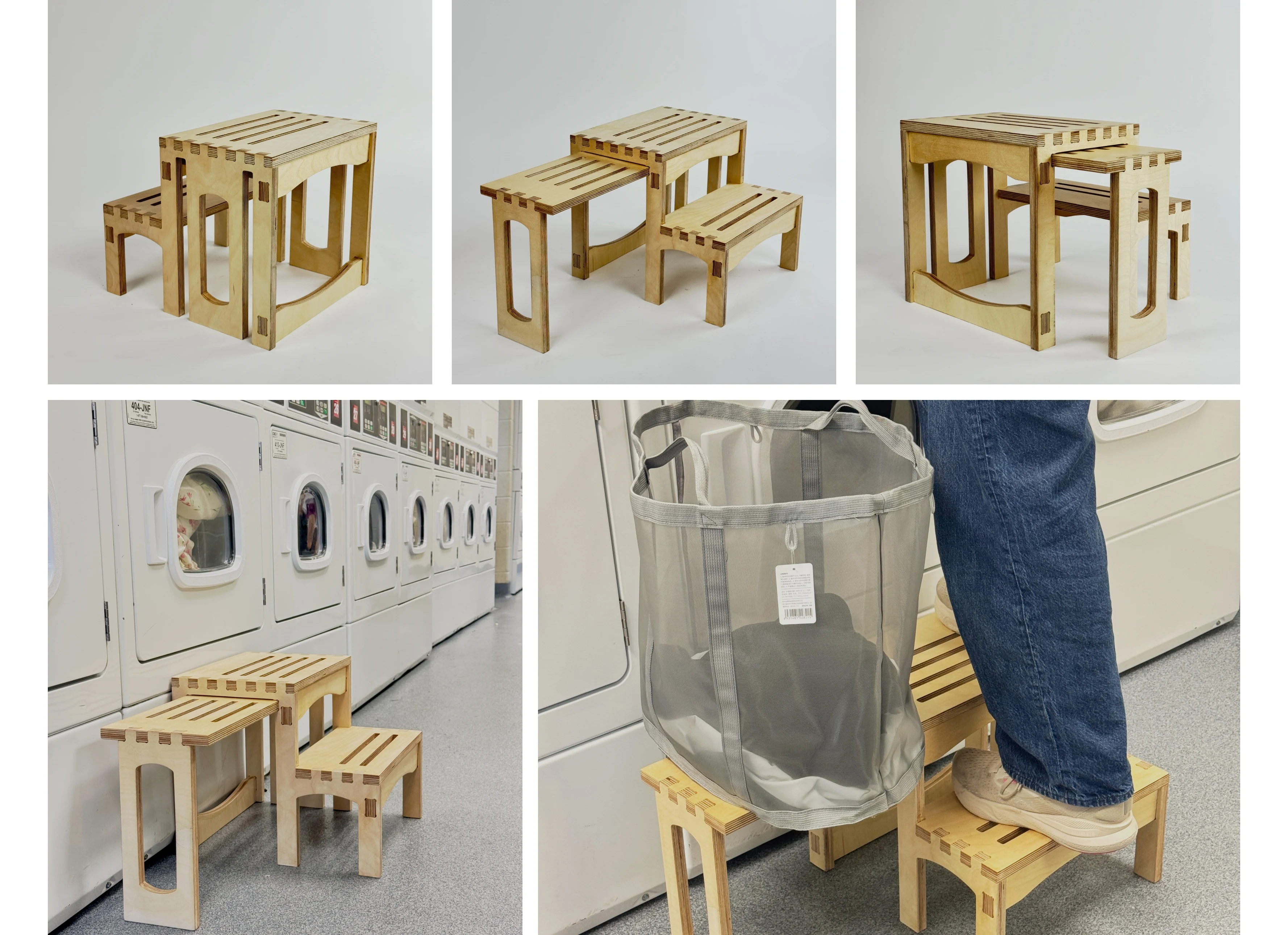 Latus process board — final design: photographs of the completed plywood step stool with its slide-out laundry basket table in use.