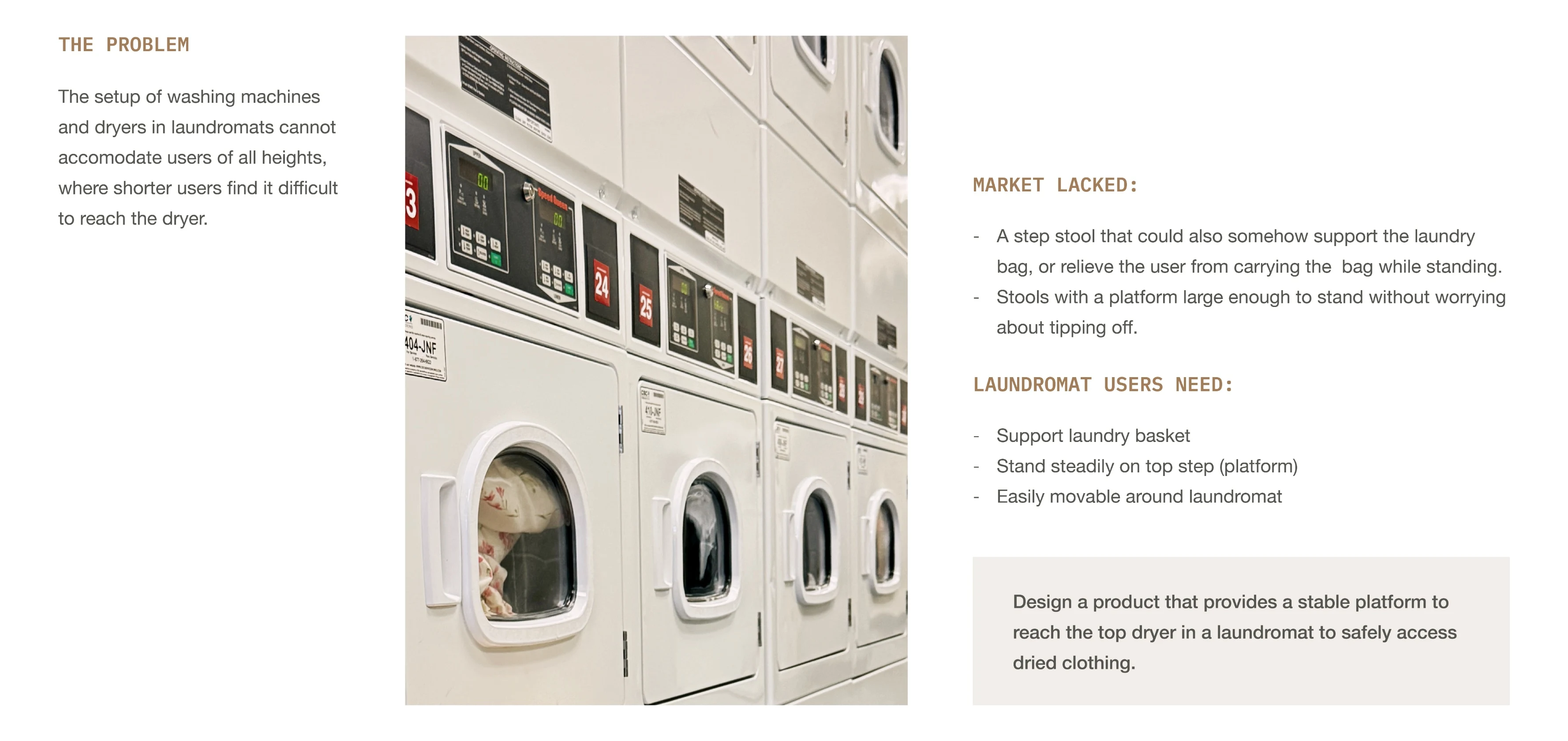 Latus process board — the problem: a photograph of stacked laundromat washers and dryers beside notes explaining that shorter users struggle to reach the top dryer, and a brief to design a stable platform for safely accessing dried clothing.
