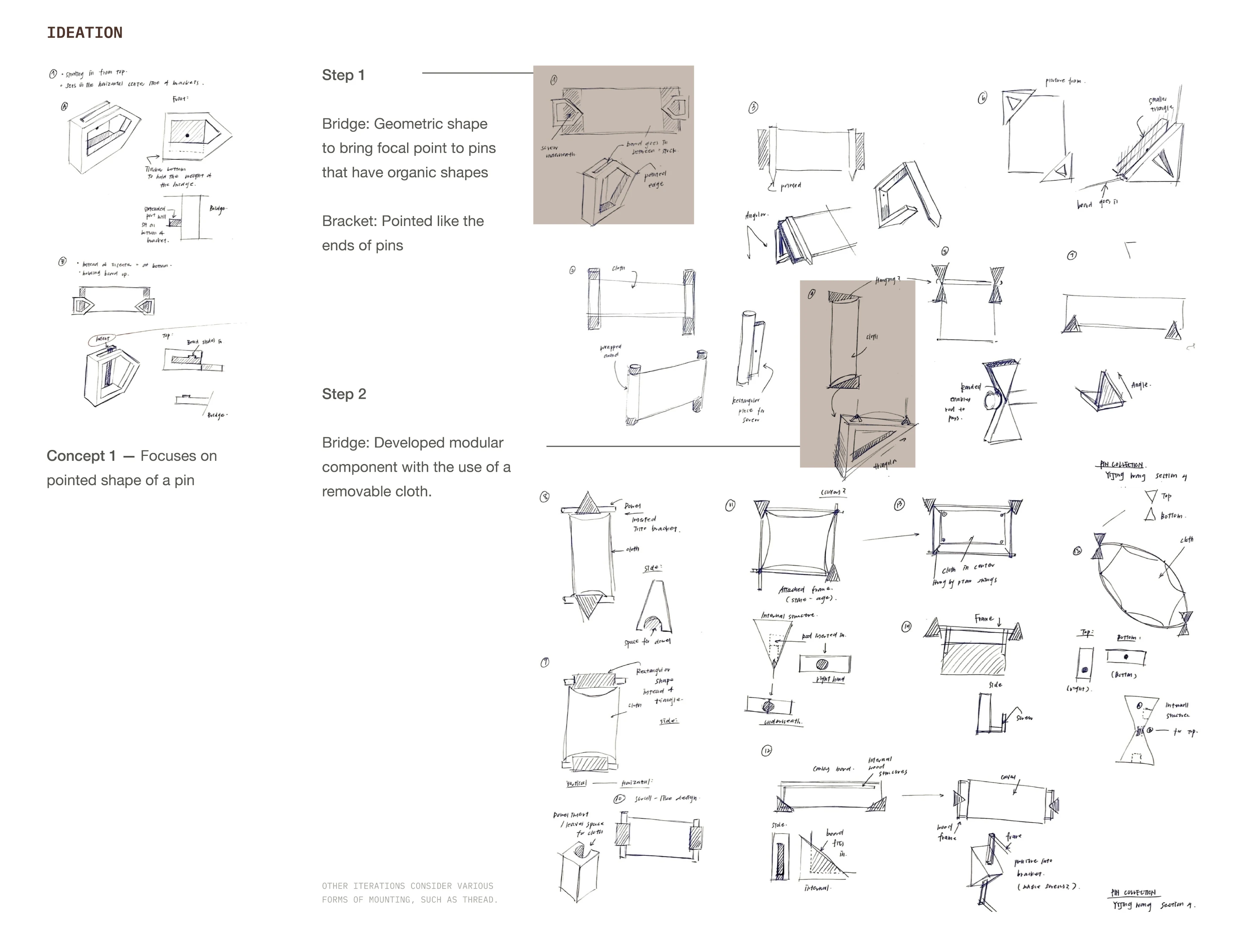 Pinpal process board — ideation: concept sketches exploring wall-mounted display formats and pin attachment methods.