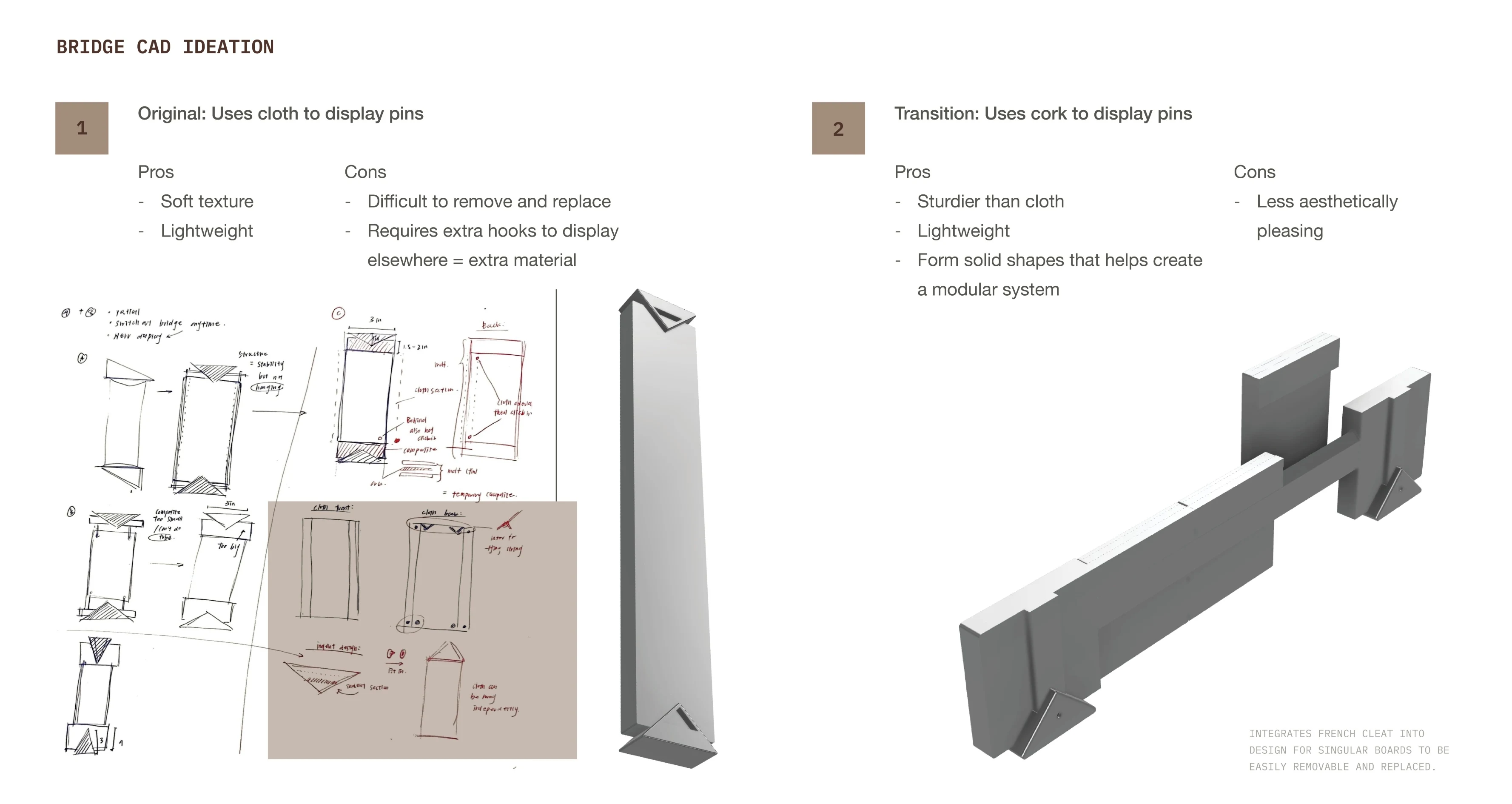 Pinpal process board — ideation continued: further development of the display's form and swappable backing scene.