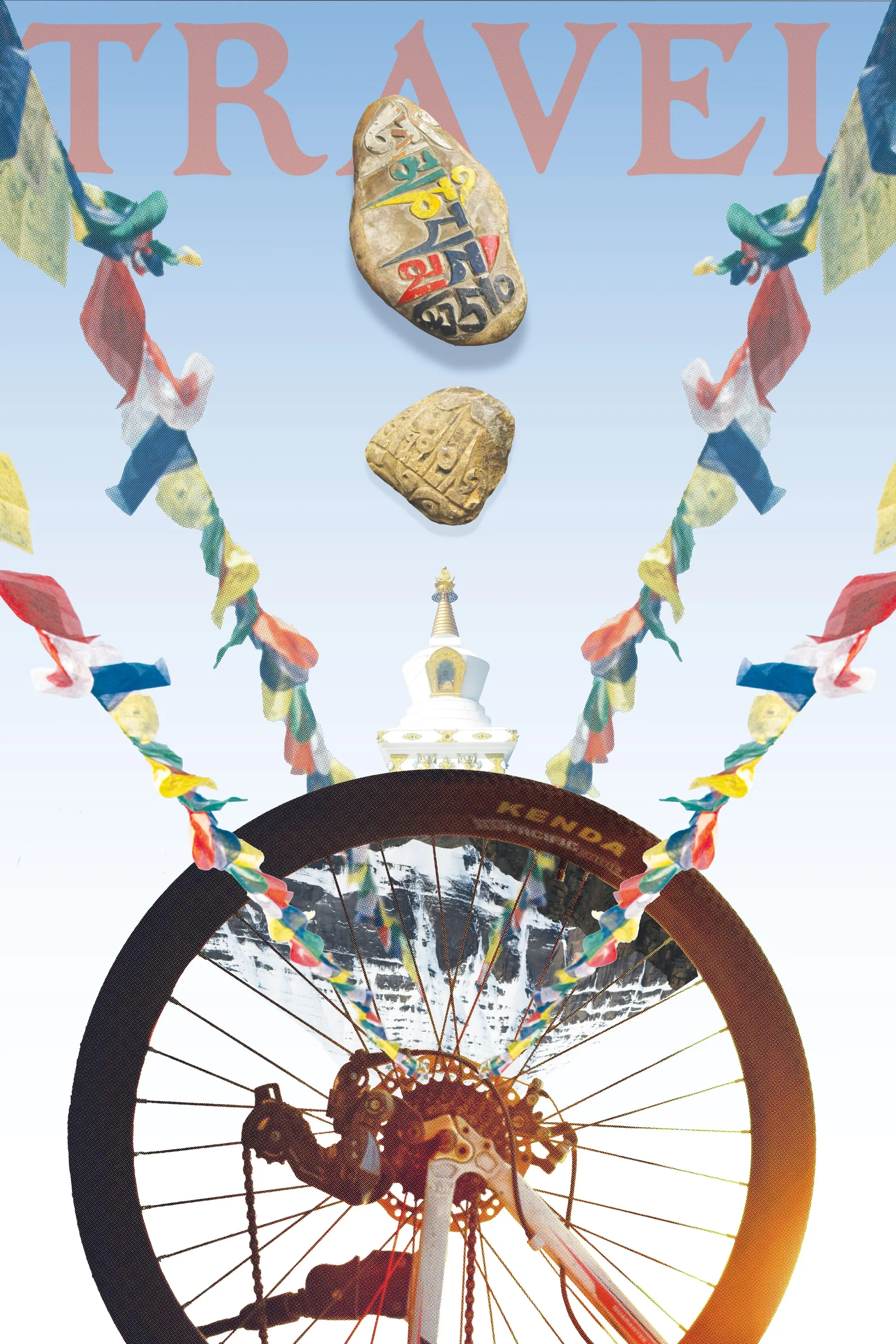 Travel collage: strings of prayer flags, two carved mani stones and a white stupa above an upturned bicycle wheel, under the word "Travel".