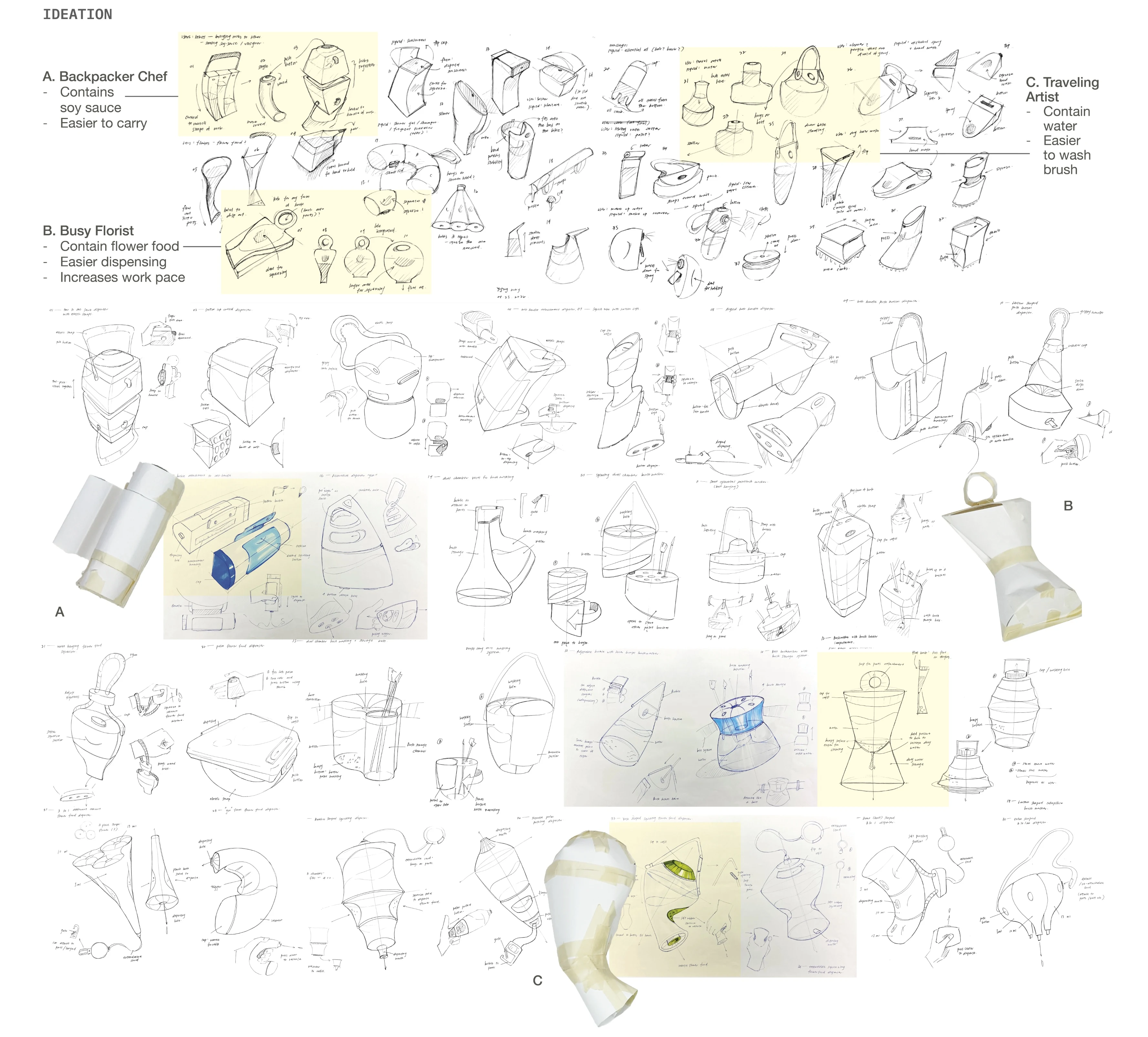 Wokable process board — ideation: concept sketches exploring vessel forms, dispensing mouths and attachment points.