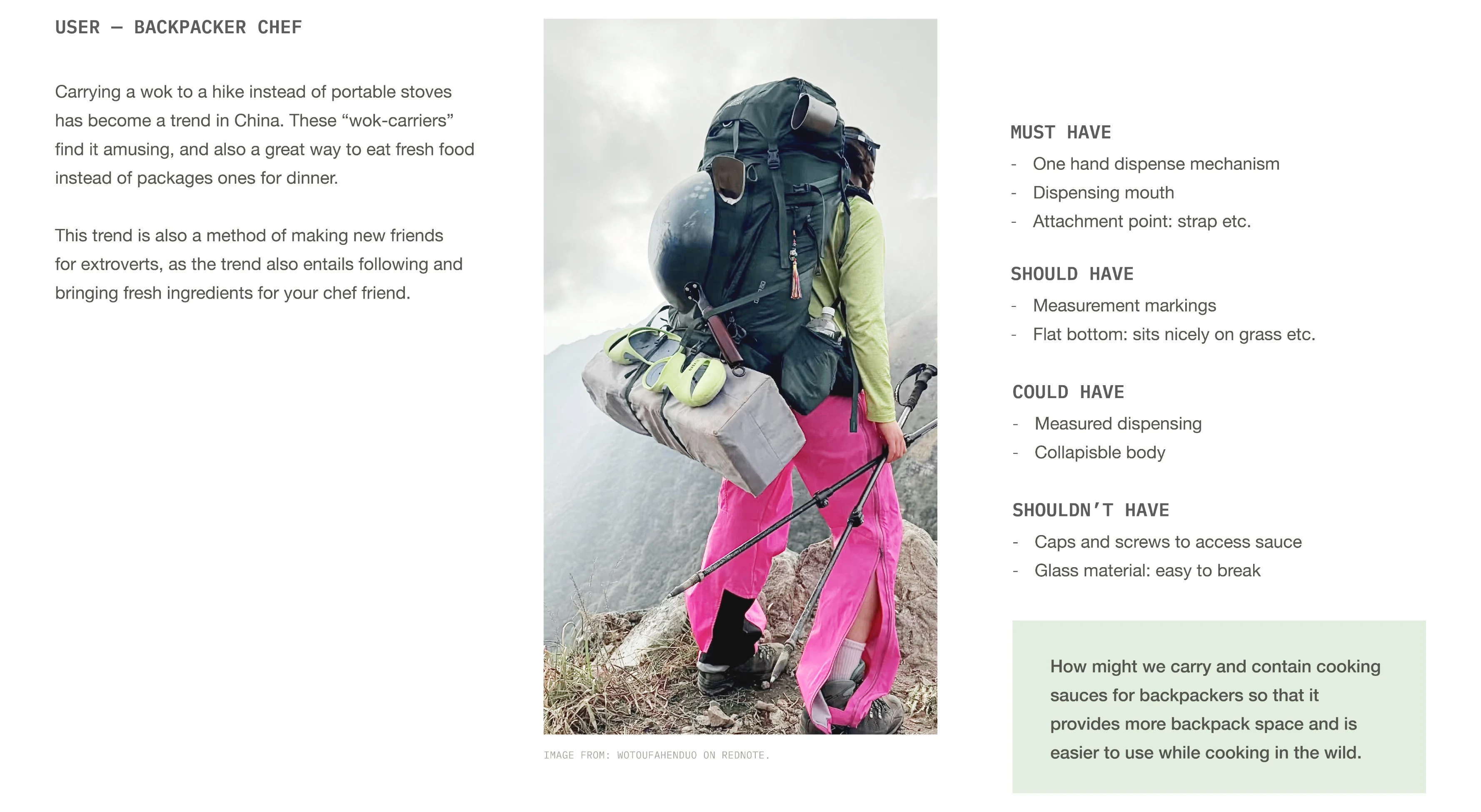 Wokable process board — the user: a backpacker carrying a wok strapped to their pack on a mountain trail, alongside a must-have and should-have requirements list and the question of how to carry and contain cooking sauces in the wild.